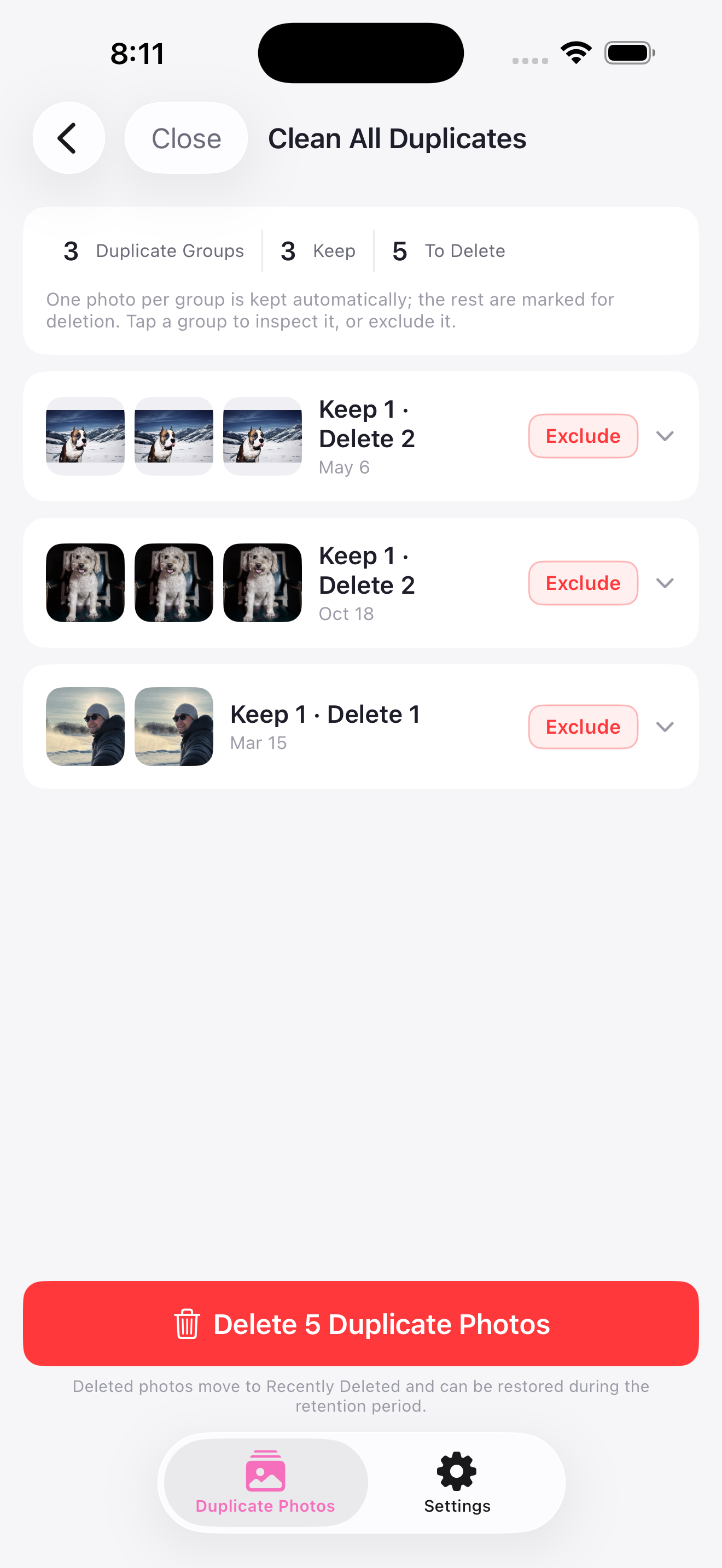Cullia planning a cleanup: 3 duplicate groups, 3 photos kept, 5 marked for deletion