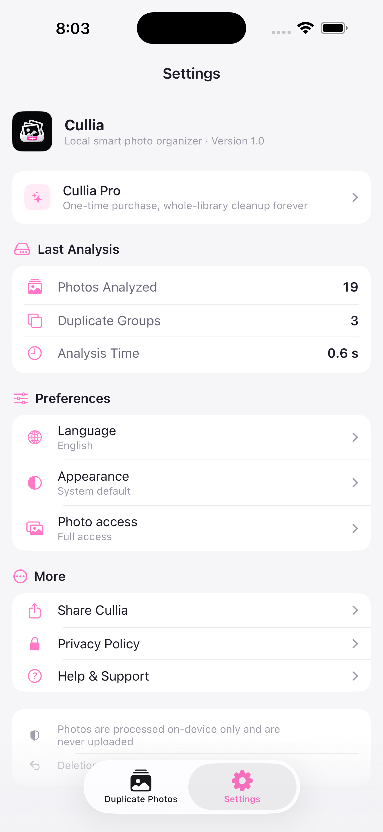 Cullia settings showing 19 photos analyzed, 3 duplicate groups, and that photos are processed on-device only
